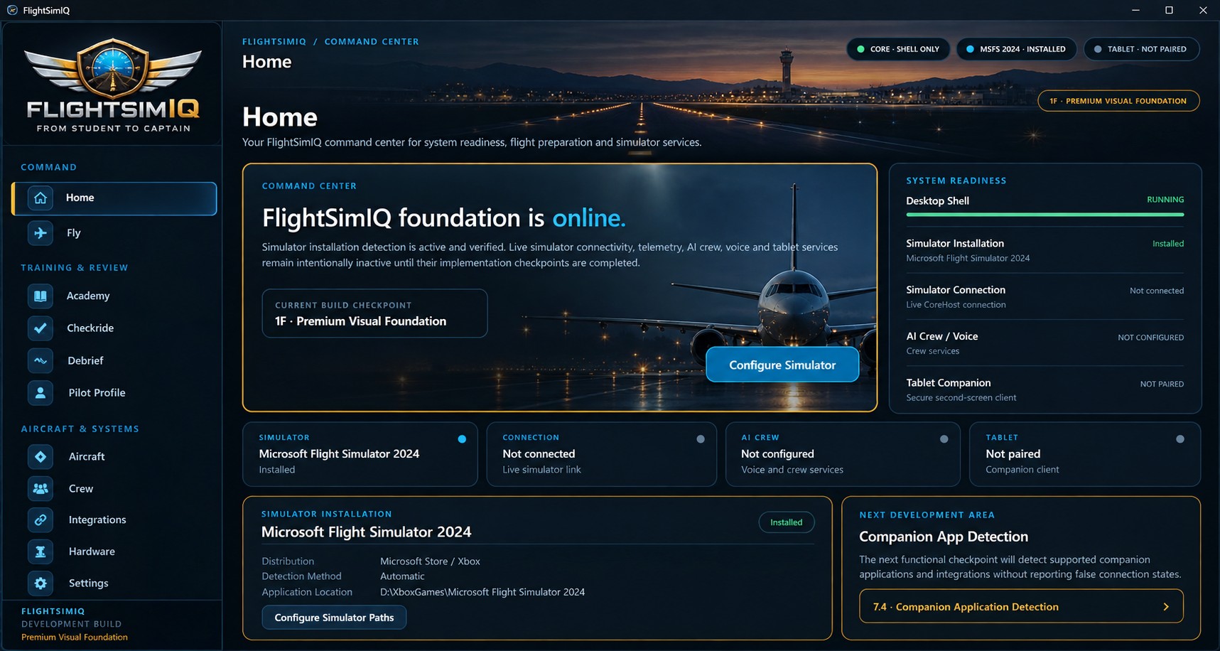 FlightSimIQ Command Center application interface